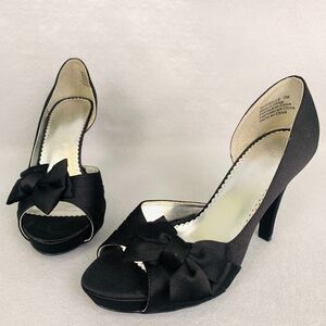 Michelangelo Maribelle Black Satin Bow Heels 7 Peep Toe Platform Wedding Shoes